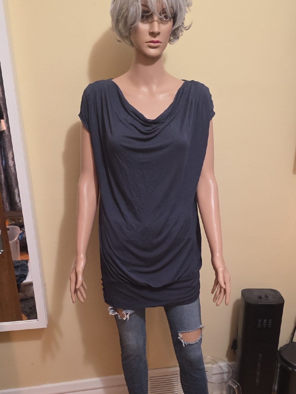Draped Cap-Sleeve Tunic Top - Dark Navy